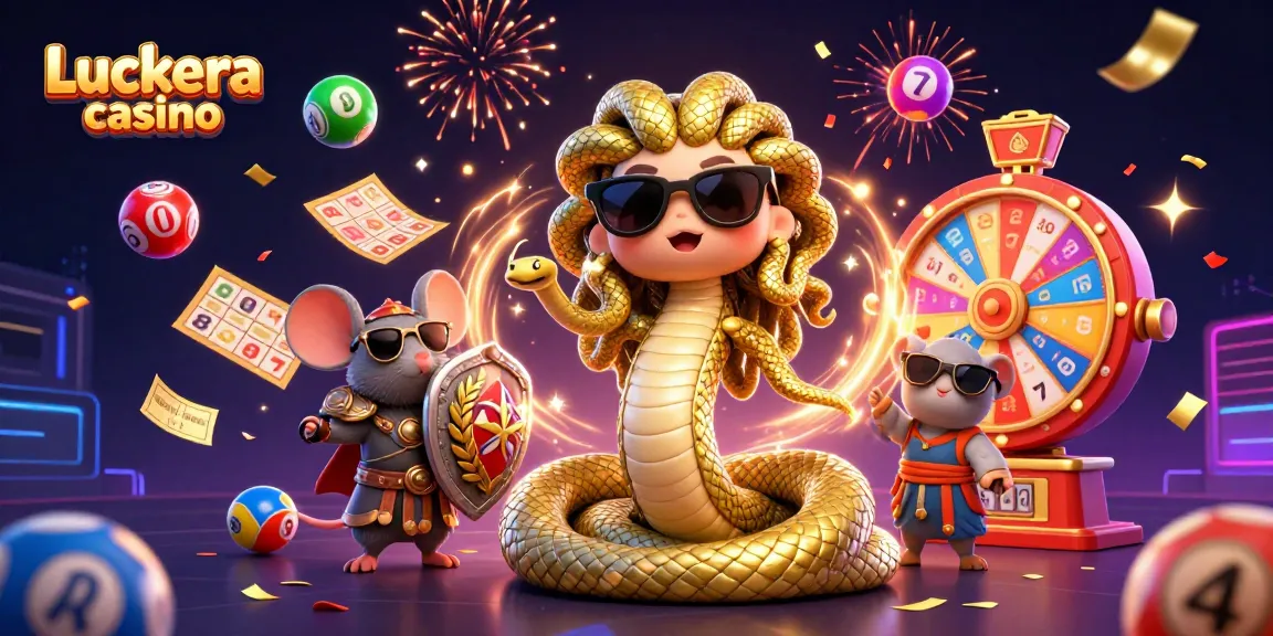 Experience excitement at Luckera casino with Medusa and a warrior mouse in a vibrant gaming scene.