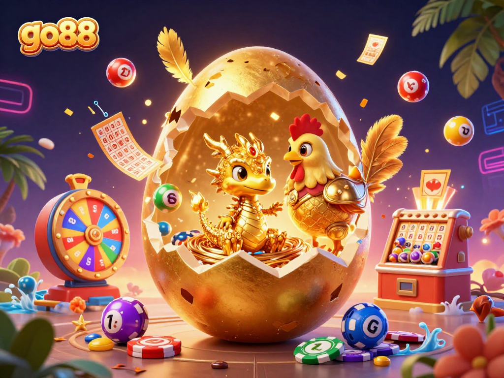 Engage with go88's vibrant casino world featuring a golden dragon and lively lottery elements.