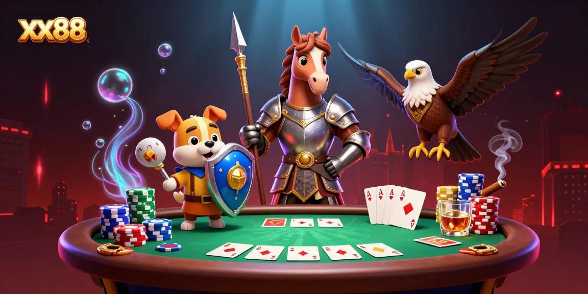 Experience thrilling gambling action at xx88 with colorful poker elements and animated characters.