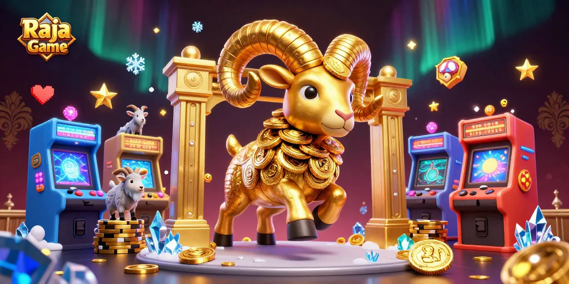 Engage with Raja Game's vibrant scene of colorful arcade machines and a golden ram charging at a casino gate.