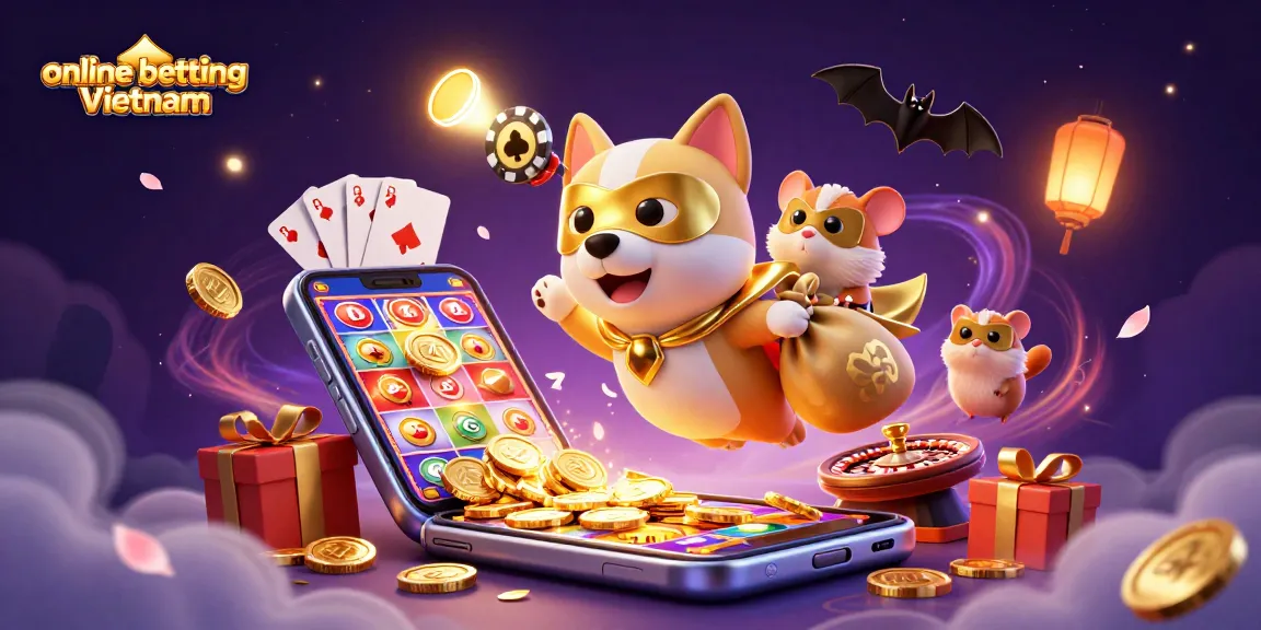 Engage in online betting Vietnam with a dynamic superhero dog and hamster, enjoying epic casino games!