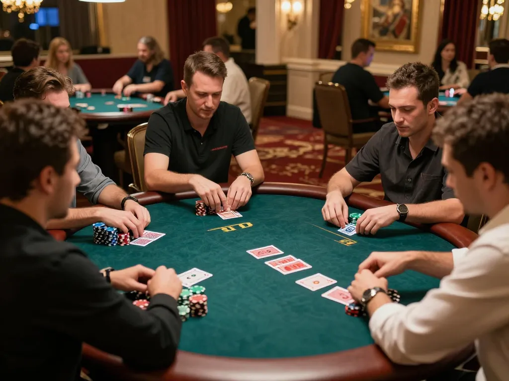 Players engage in intense poker at bl555, showcasing high-stakes action with chips and cards being dealt.