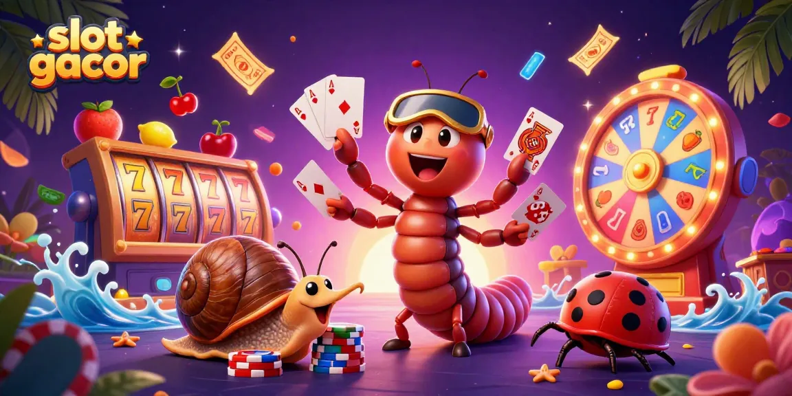 Engage with slot gacor excitement, featuring a lively millipede dealer and high-roller snail amid vibrant casino elements.