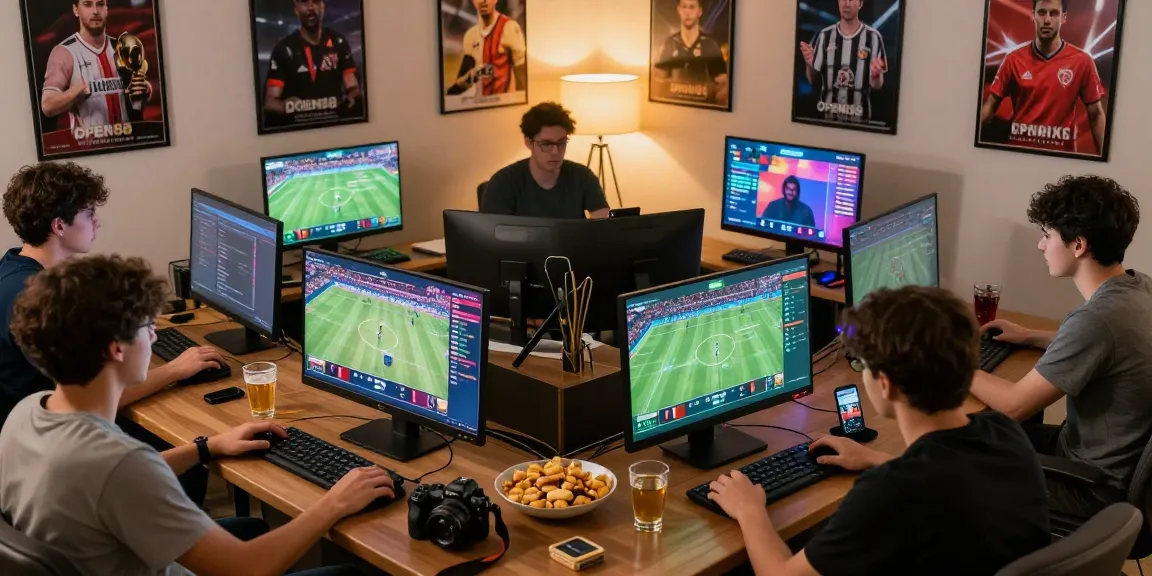 Players enjoying online betting at https://open88c.com/ in a lively home setting with sports screens and snacks.