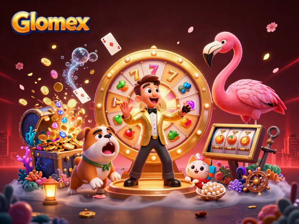 Spin the Glomex prize wheel with vibrant casino elements in this dynamic illustration.