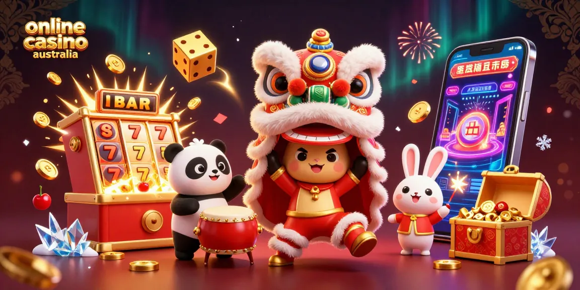 Engage in the vibrant online casino australia scene with a lively lion dance and exciting gaming elements.