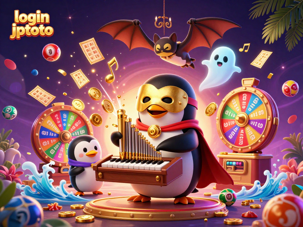 Experience login jptoto with an energetic scene of a penguin and exciting lottery elements.