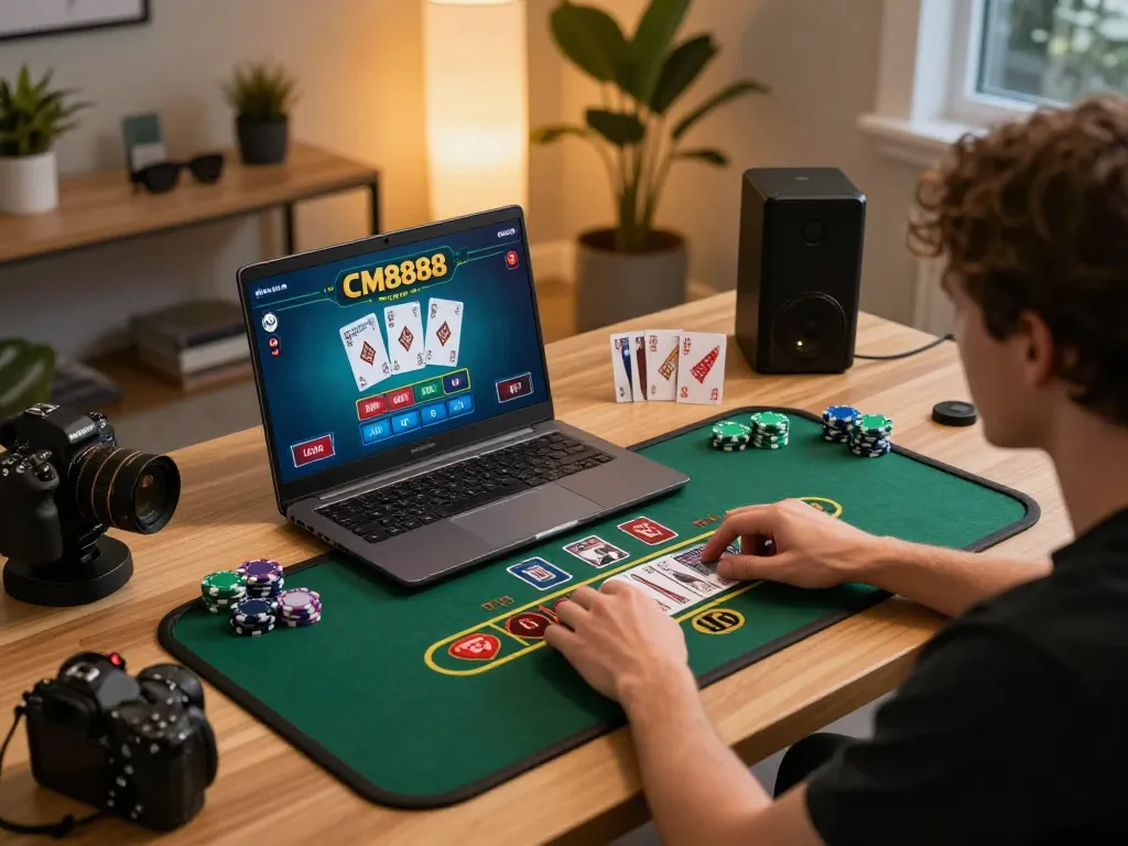 Player engaging with CM8888 live dealer blackjack on laptop, showcasing online casino excitement.
