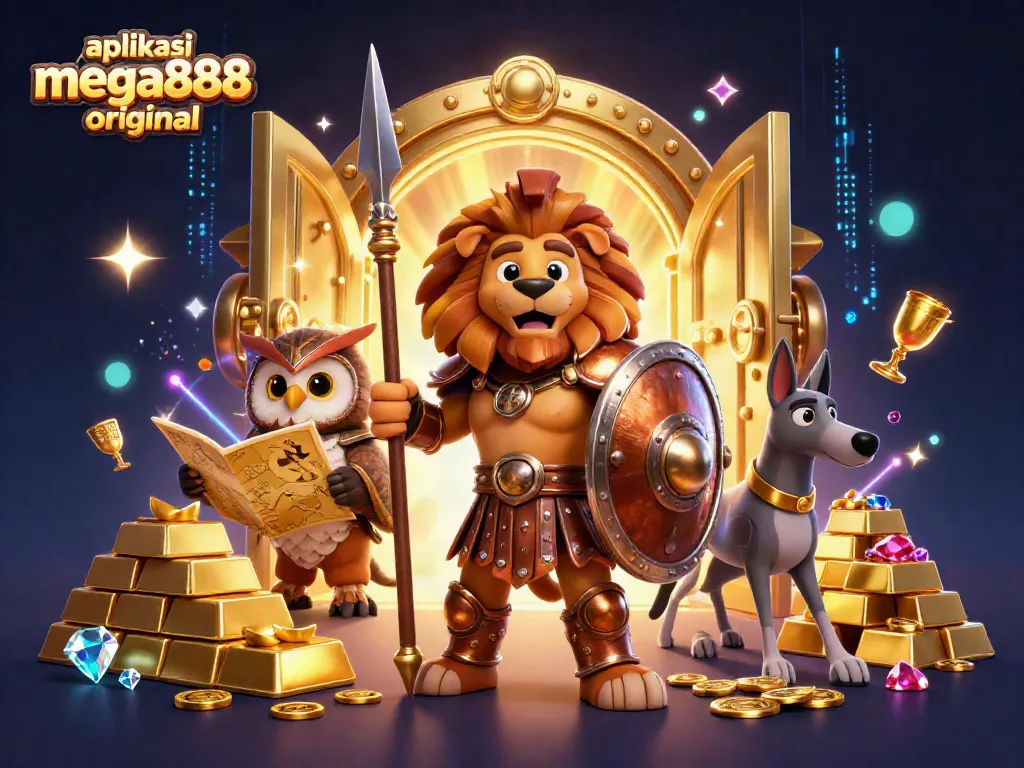 Experience excitement with the aplikasi mega888 original as a Spartan lion, an owl strategist, and a greyhound messenger celebrate casino victories.