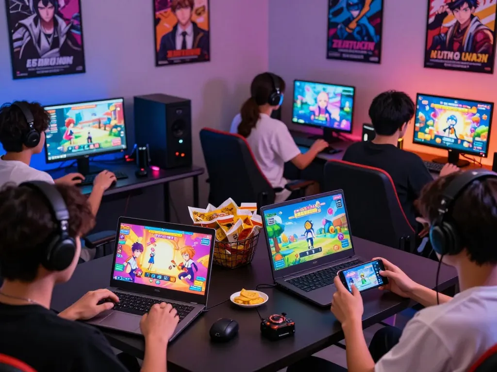 Players enjoying immersive porngames on different devices in a vibrant gaming lounge.