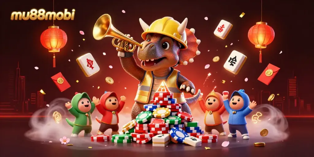 Experience the excitement of mu88mobi with vibrant characters celebrating a big win in a bustling casino