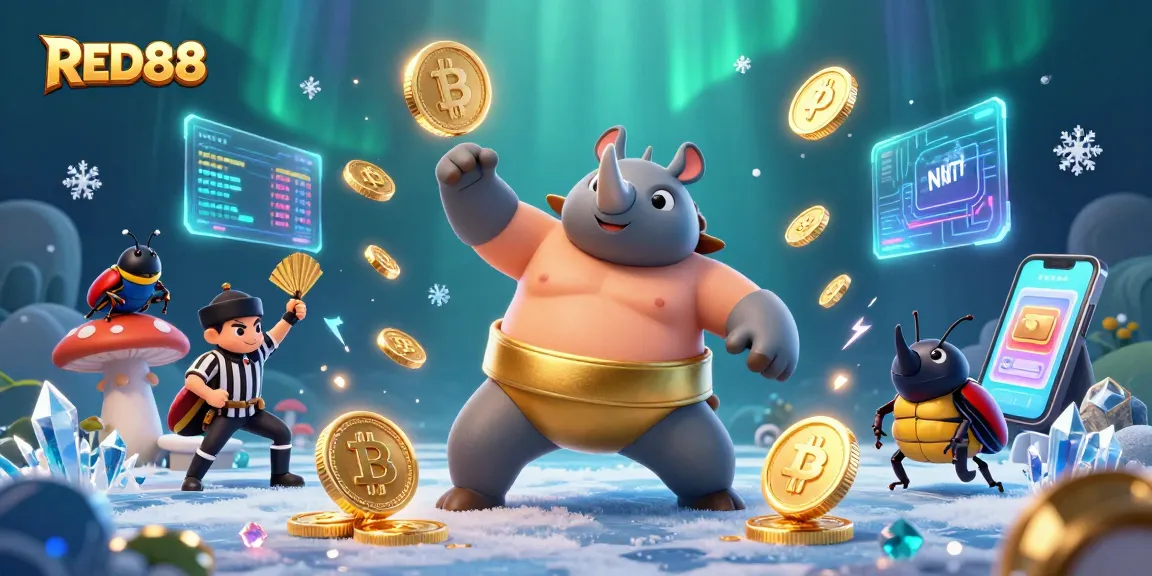 Experience excitement with RED88's captivating 3D illustration of a sumo beetle champion amidst casino elements.