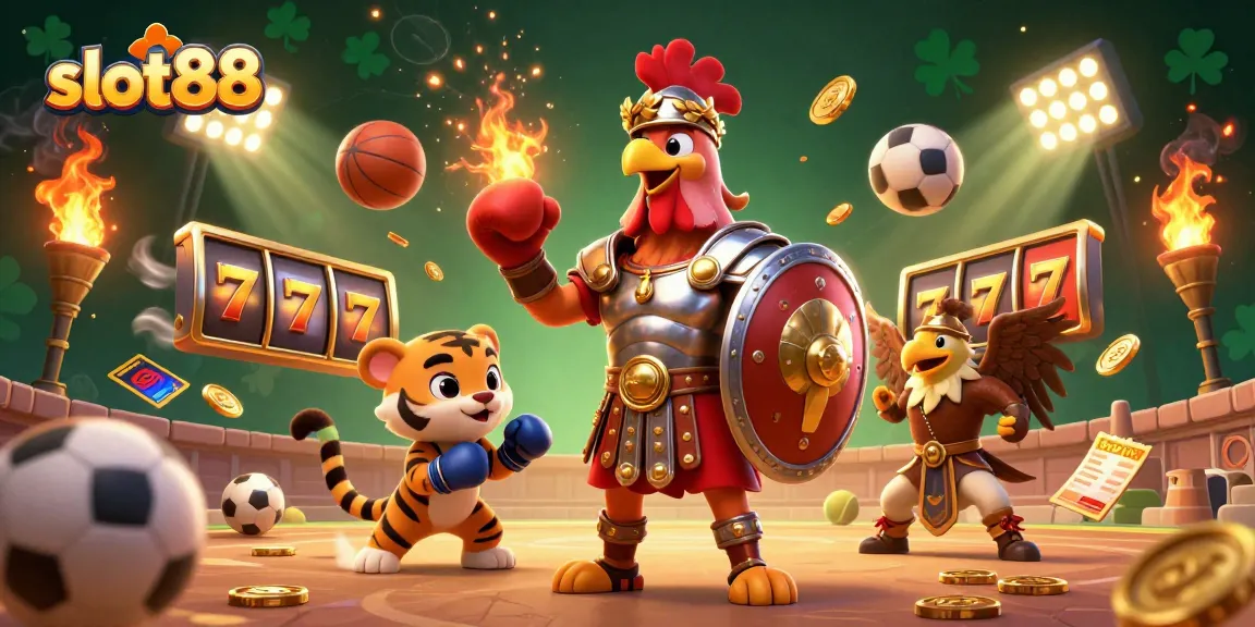 Slot88 menampilkan karakter ayam jantan gladiator bertarung di arena dengan elemen permainan slot.