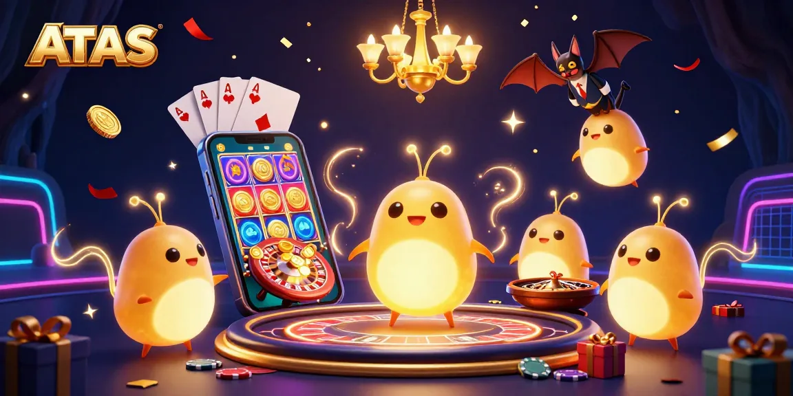Join the fun at ATAS Casino with glowworms lighting the way in a vibrant, animated casino scene filled with games and excitement.