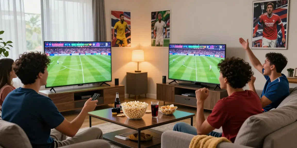 Group of friends enjoying a بث مباشر sports match in a lively living room, surrounded by snacks and excitement.