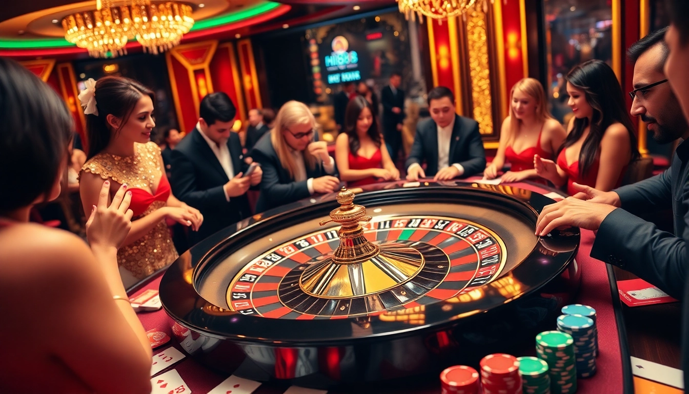 Experience the thrill of gambling at Hi88.com with a vibrant casino scene featuring roulette and players.
