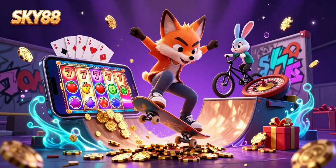 SKY88 slot game scene featuring a skateboarder fox and BMX rabbit in dynamic tricks.