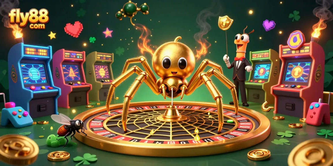 Experience thrilling bets at fly88 com with a 3D spider spinning a roulette web and engaging elements.