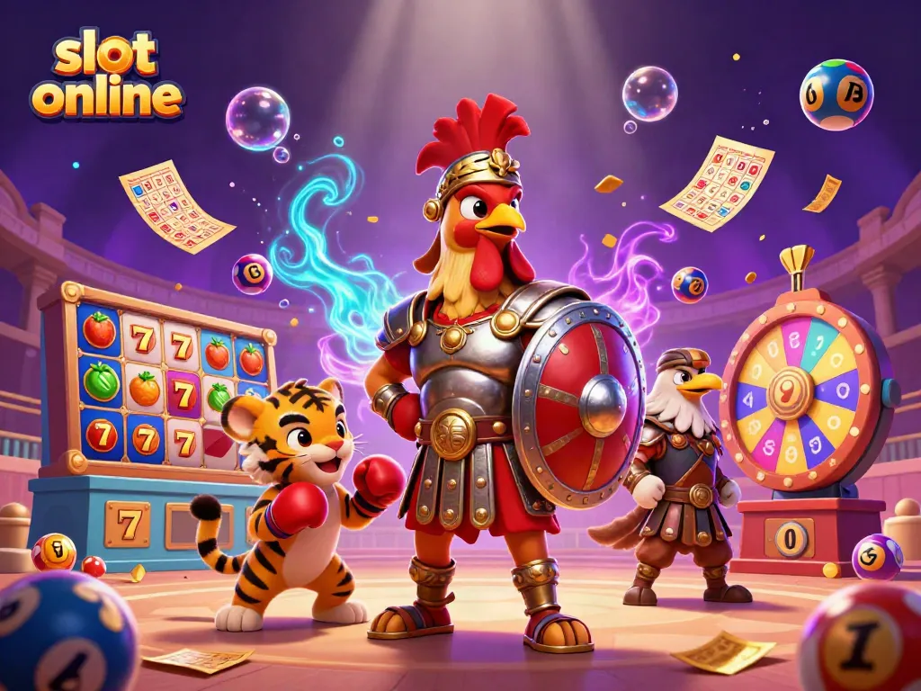 Mainan slot online dengan simbol keberuntungan dalam ilustrasi 3D yang memukau