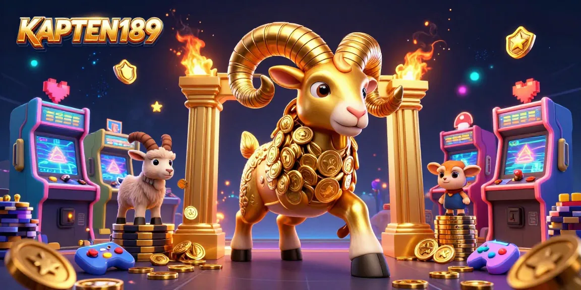 KAPTEN189 menghadirkan ilustrasi kasino dengan ram emas dan mesin game berwarna-warni untuk mengundang pemain!