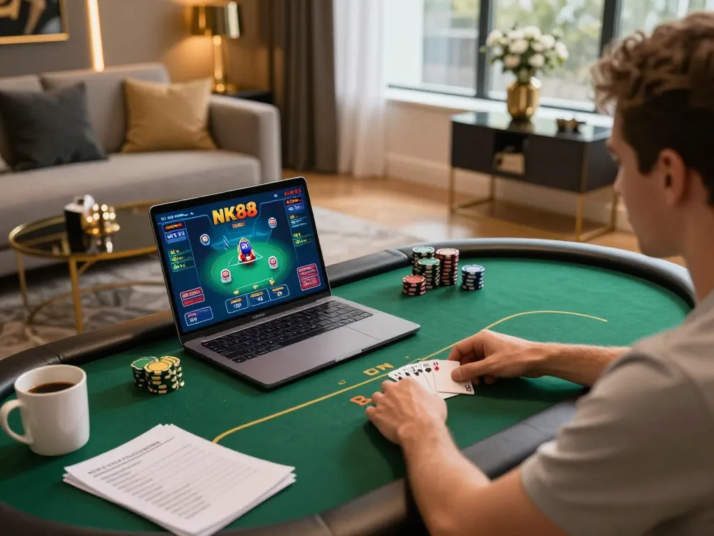 Player enjoying NK88 poker game on laptop in a cozy gaming setup with strategies at hand