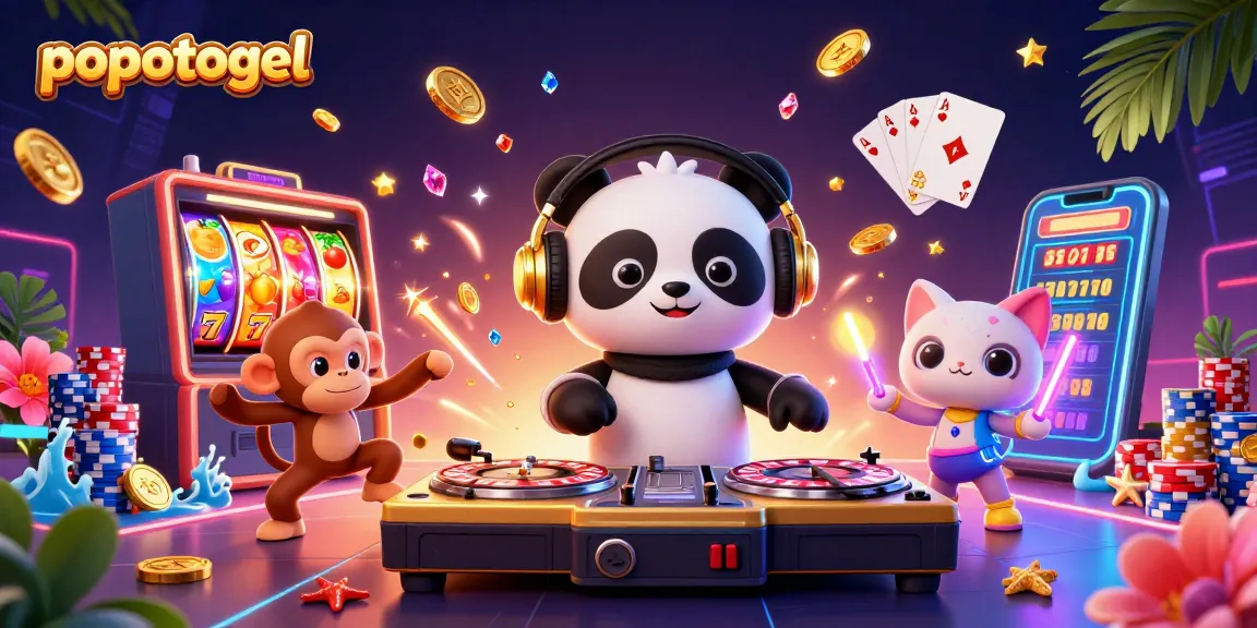 Experience the thrill of popotogel with DJ panda and friends amidst vibrant casino elements.