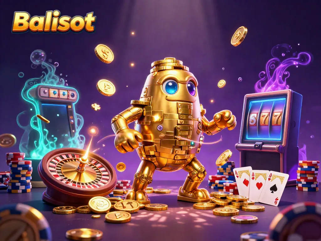 Experience thrilling chances with Balislot in a vibrant casino scene of gold coins and slot machines.