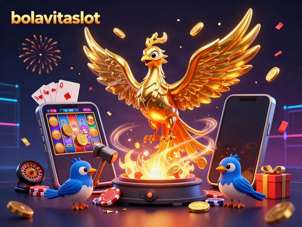 Experience the excitement of bolavitaslot with golden coins and vibrant slot games in a vibrant 3D scene.
