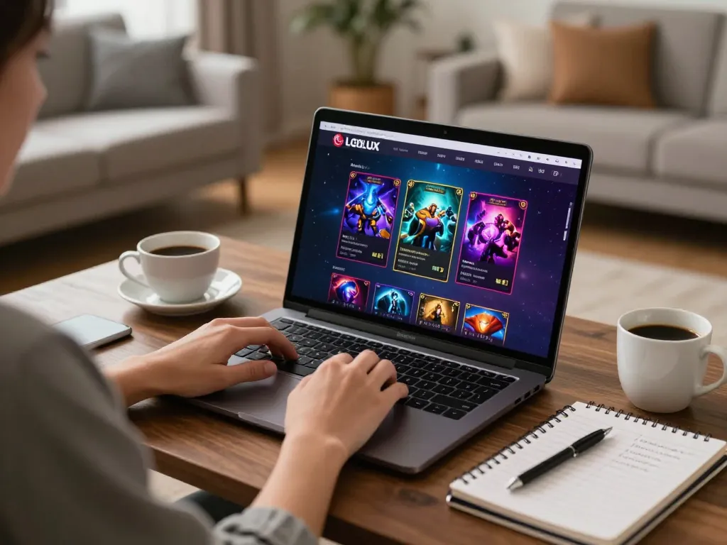 Engaged player using LGOLUX online casino platform on laptop at home setting.