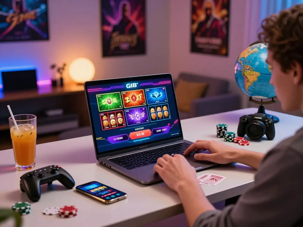 Engaging GI8 online gambling scene with a user playing poker, showcasing diverse gaming options and a vibrant atmosphere.