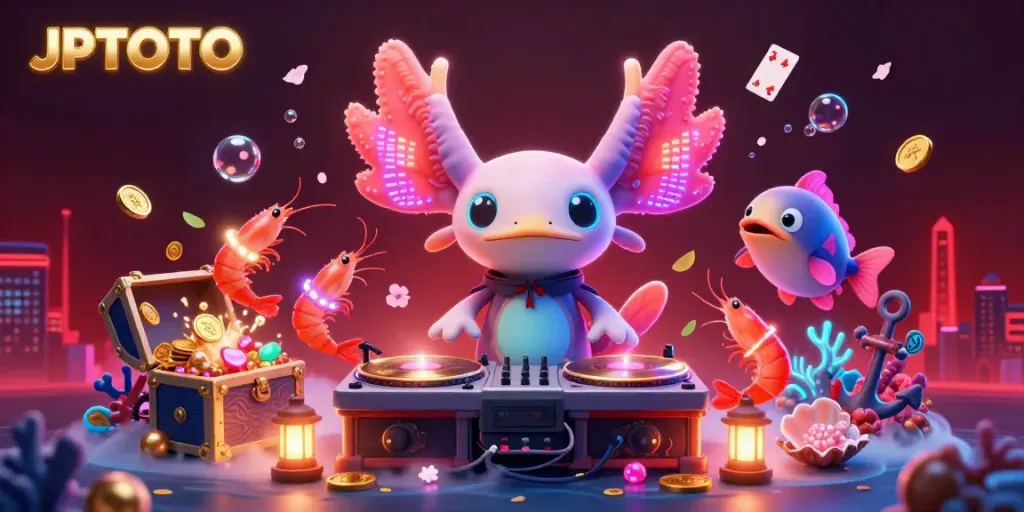 JPTOTO menghadirkan pengalaman visual menakjubkan dengan DJ axolotl neon dan karakter laut yang ceria.