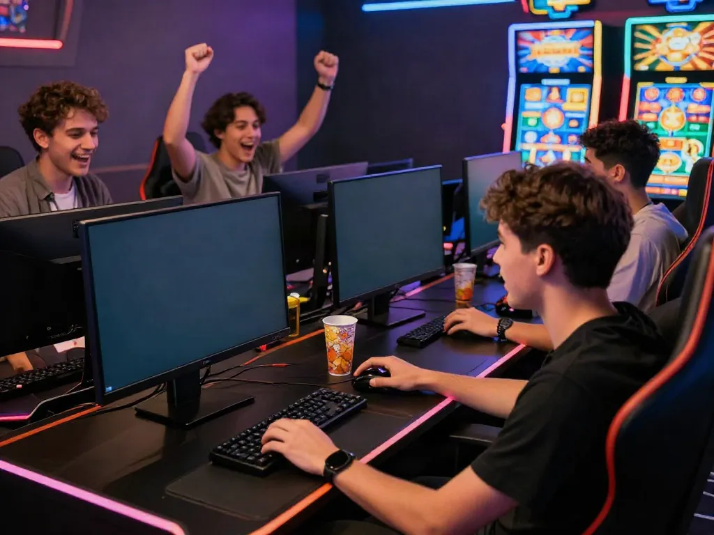 A thrilling online gambling experience at akunjp with friends cheering in a vibrant gaming setup.