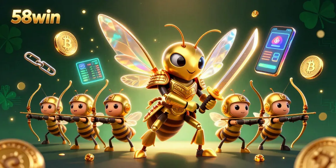 Engage in thrilling gaming at 58win with immersive 3D illustration featuring vibrant characters and crypto elements.