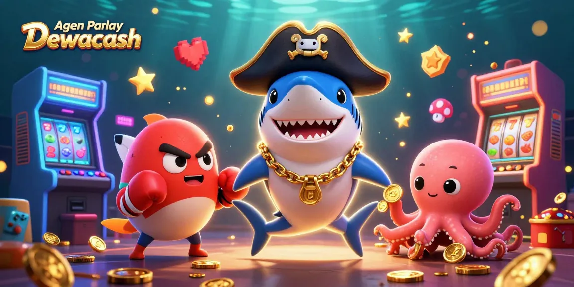 Agen Parlay Dewacash showcases thrilling gameplay with cartoon characters, slot machines, and a vibrant casino environment.
