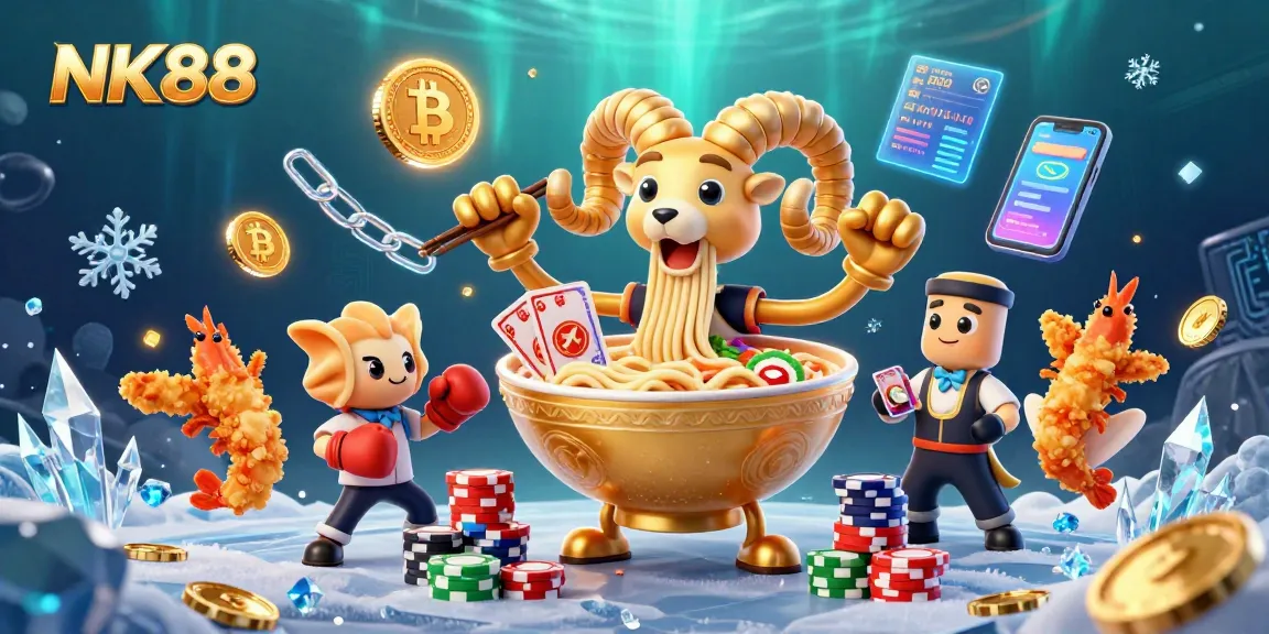Join the excitement at NK88 with a cartoon ramen bowl dealer and cryptocurrency theme.