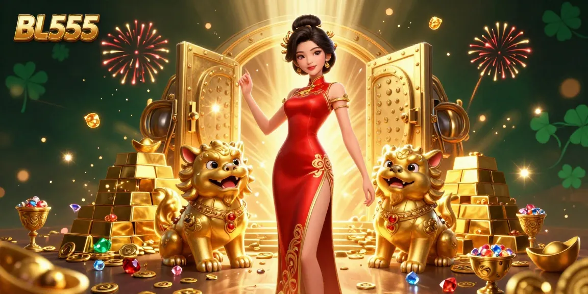 Engage with BL555, featuring an Asian woman amid vibrant casino elements and gold treasures.