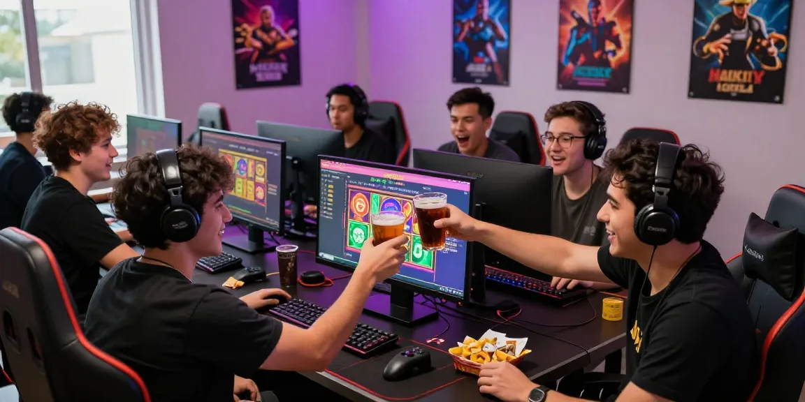 Pajaktoto daftar gaming friends celebrating a jackpot win with vibrant atmosphere.