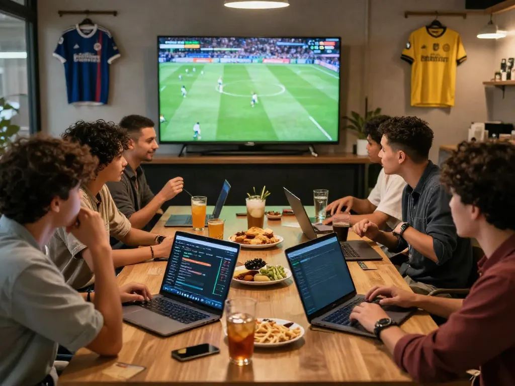 Football enthusiasts at a sports lounge discussing strategies on https://statymuzona.lt/ with live betting apps visible.