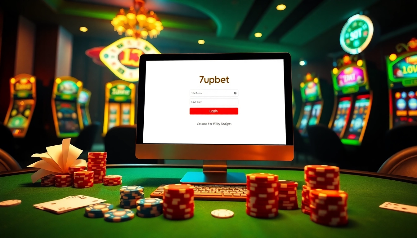Engage with the 7upbet login interface on a luxurious online casino platform featuring poker chips and slot machines.