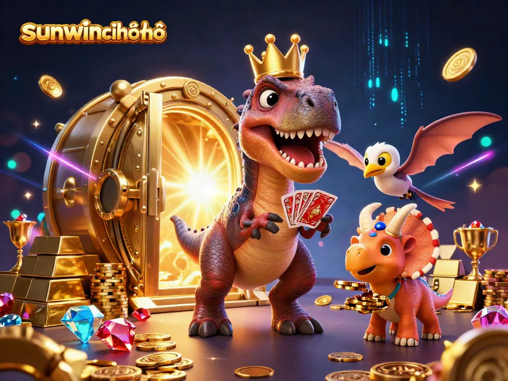 Experience the excitement of sunwin chính chủ with a dynamic scene featuring a T-Rex, pterodactyl, and triceratops immersed in casino elements.