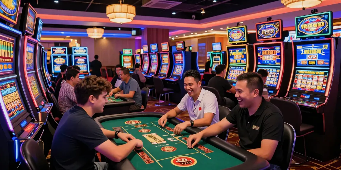 Players at vibrant casino enjoying toto slot games amid colorful lights