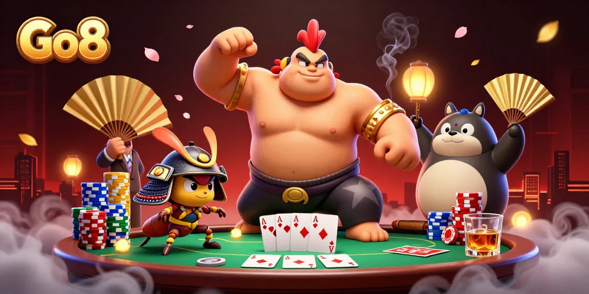 Engage with Go8’s exciting gambling scene featuring a sumo rooster, courageous cricket, and tanuki announcer.