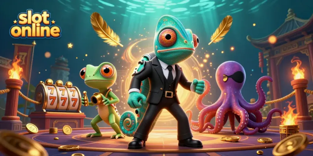 Slot online memperlihatkan chameleon, gecko, dan gurita dalam arena slot yang penuh warna.