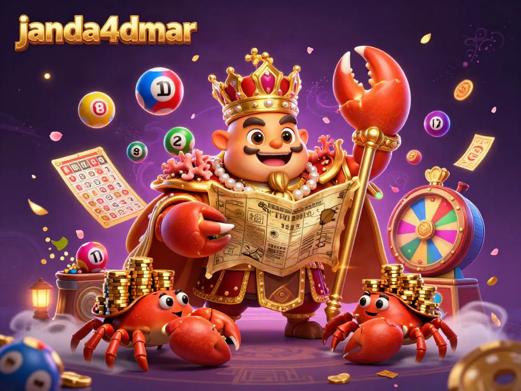 Gambarkan janda4dmar dengan krustasea krispi disertai bola lotere berwarna-warni yang melambung.
