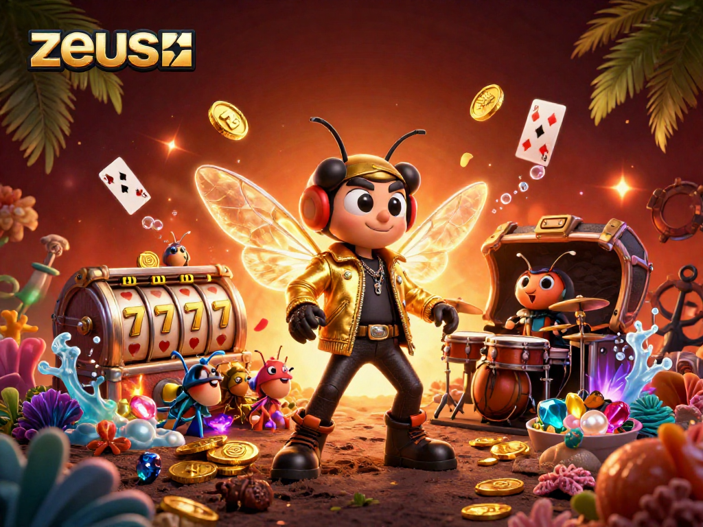 Experience zeus-themed excitement with electrifying visuals of a vibrant casino scene and characters
