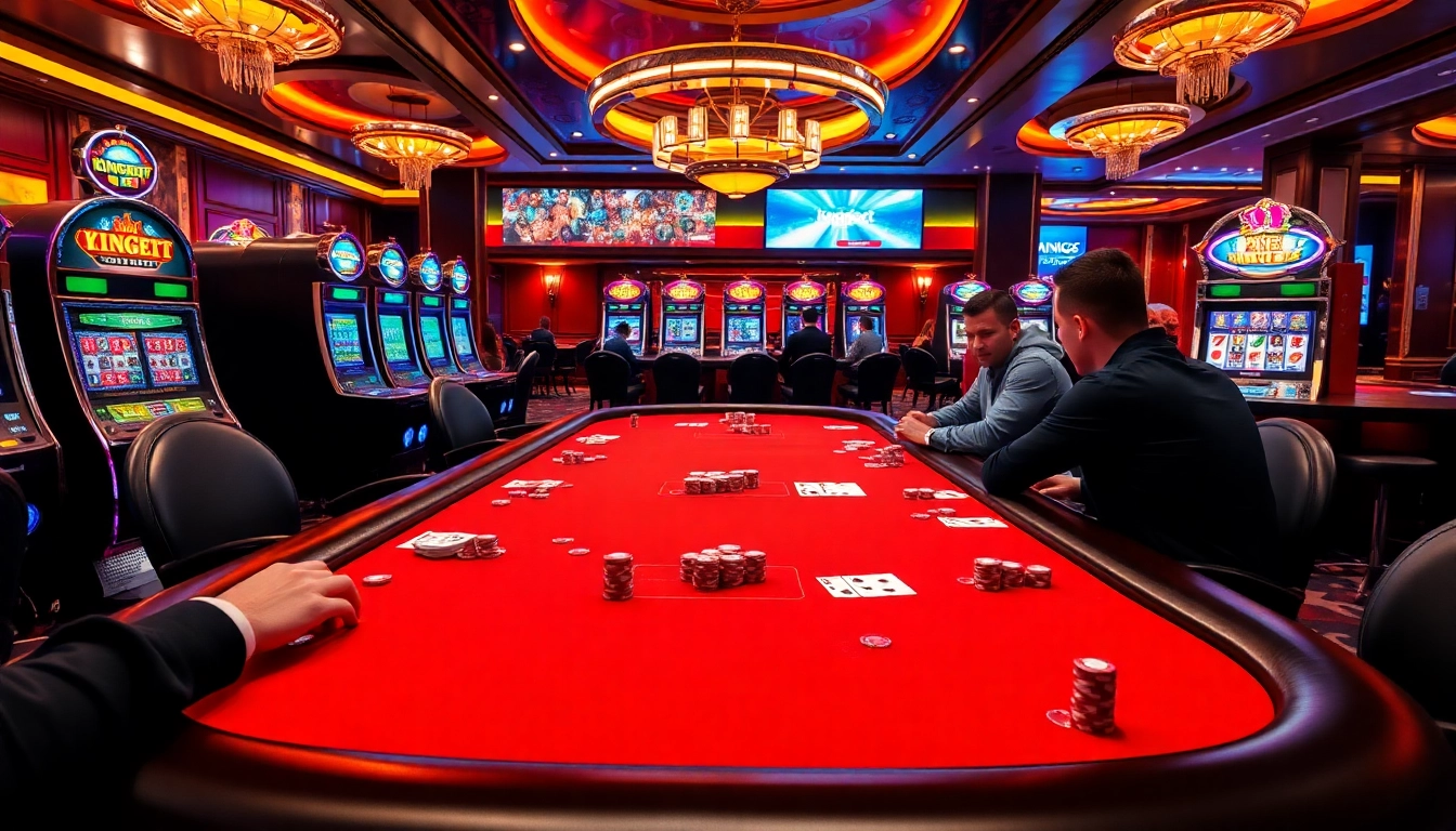 Experience the excitement of king88bet with a vibrant casino scene showcasing poker and slot machines.