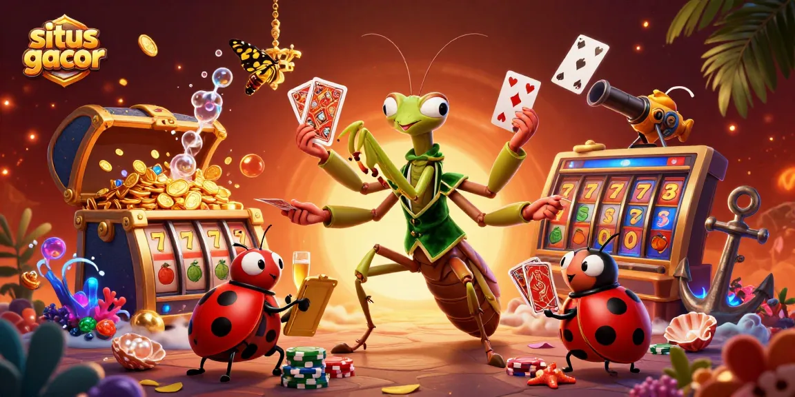 Win big with situs gacor as a giant mantis dealer shuffles cards and pours drinks.