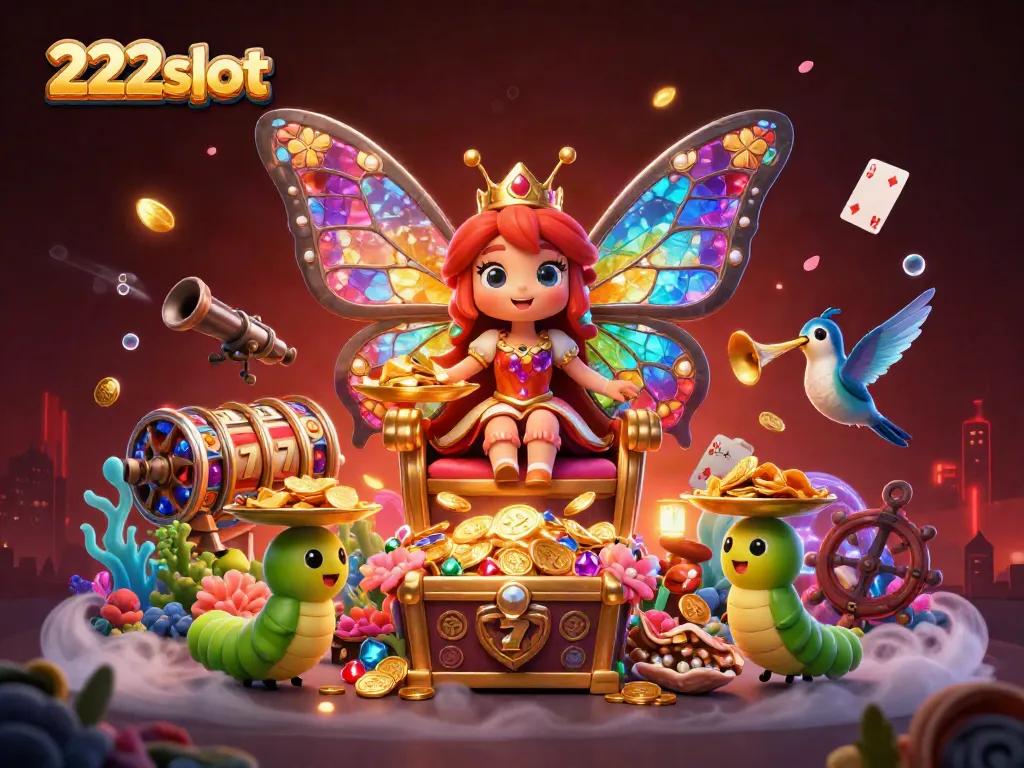 Putar permainan slot 222slot dengan ratu kupu-kupu pada kursi bunga berisi chip emas dan harta karun.