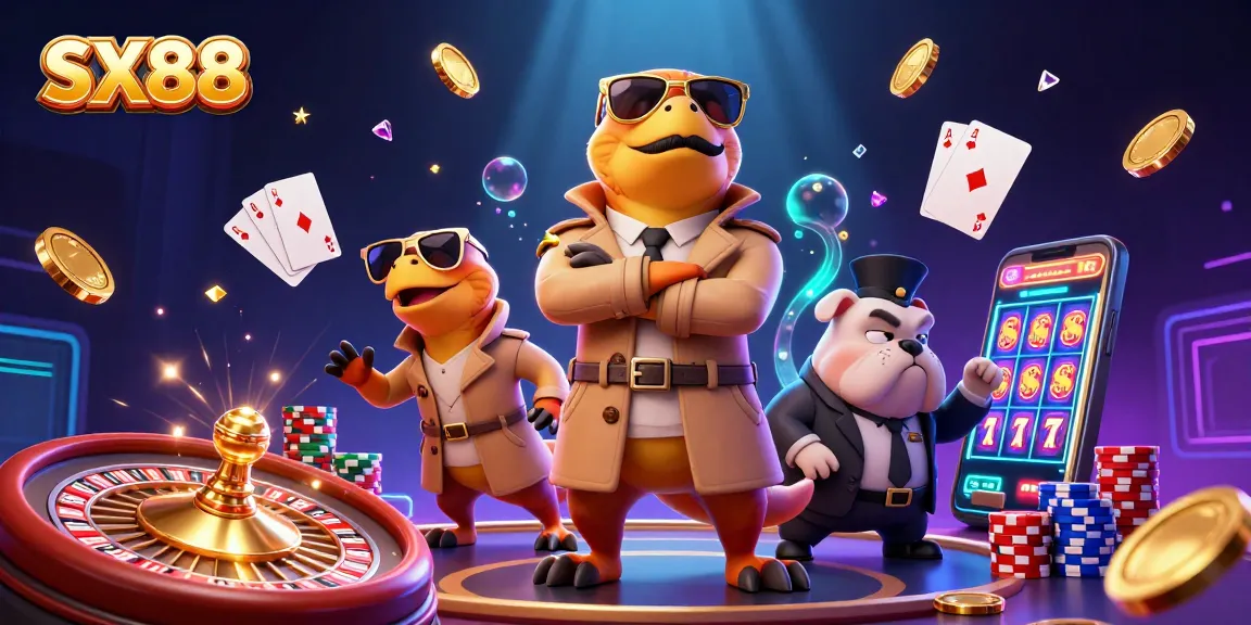 Experience the thrill of SX88 with raptors in a trench coat entering a VIP casino lounge.