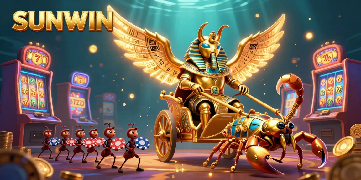 SUNWIN offers vibrant casino action with a golden scarab beetle and jewel-encrusted scorpions amidst an engaging slot environment.